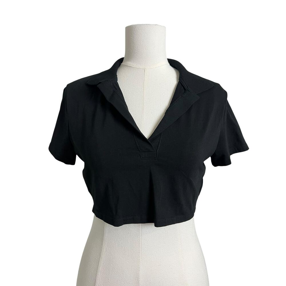 H&M Divided Polo Shirt Womens Medium Black Cropped Stretch Collared Top